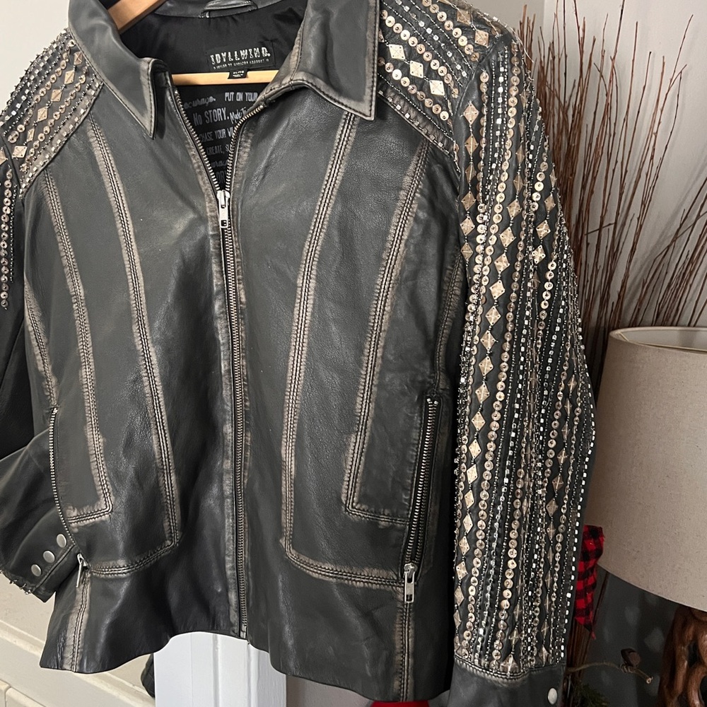 Stylish Gunmetal Faux-Leather Jacket with Sequin Details